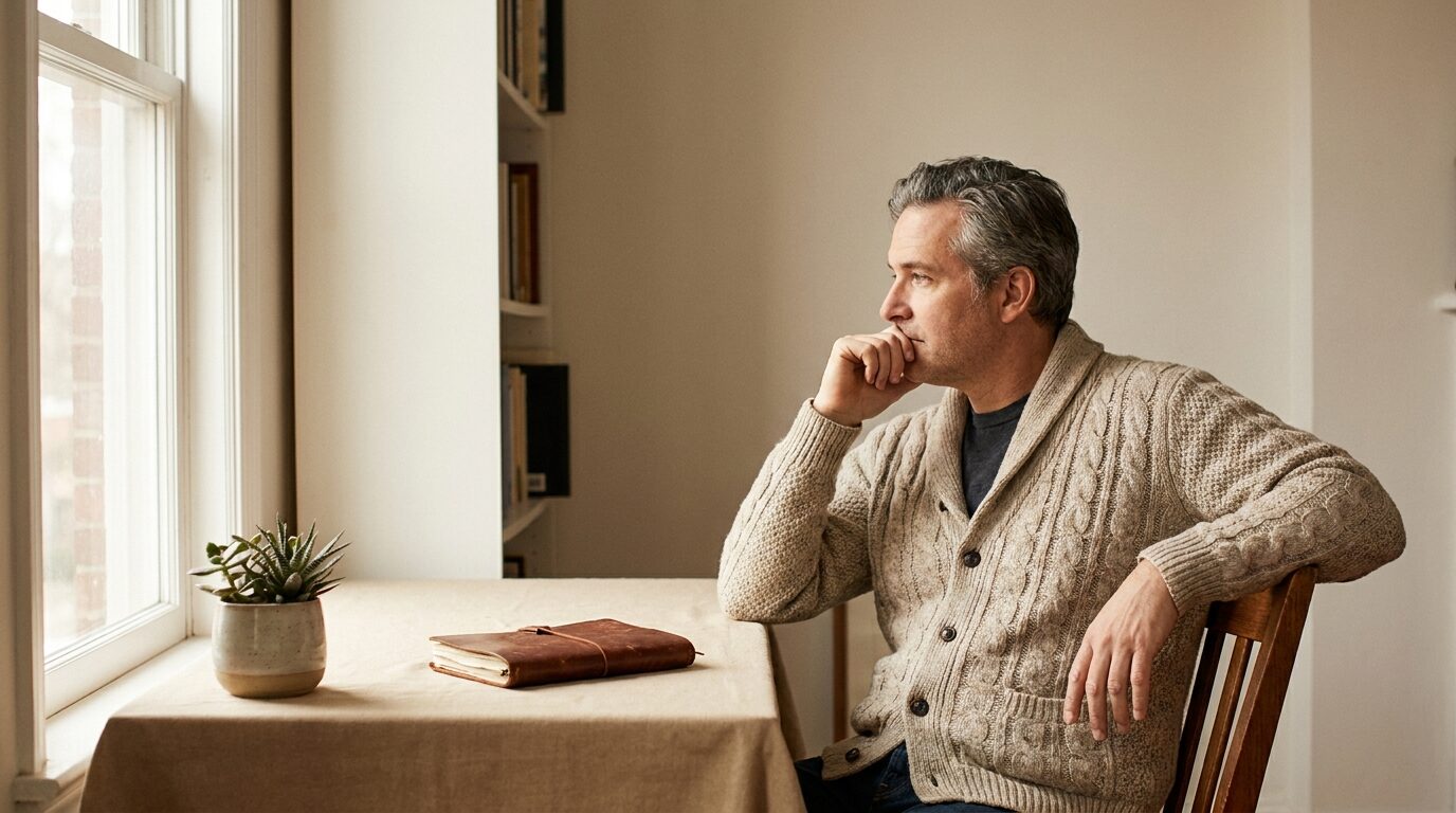 Man in his fifties at a home desk considering his retirement savings plan