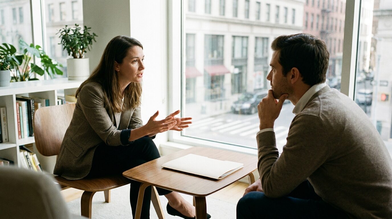 Two people discussing a case across a table in a bright office