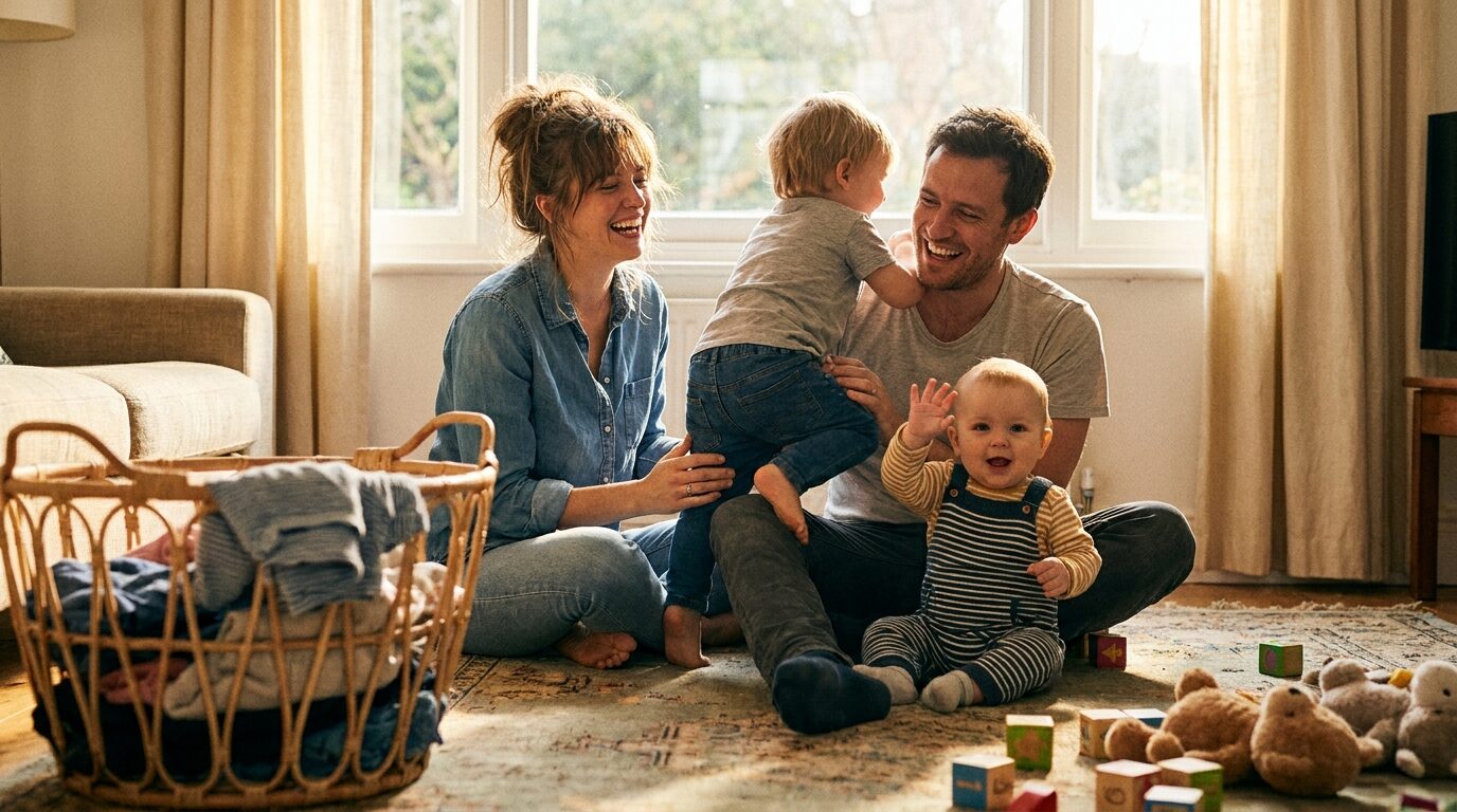 Young working family playing with their two children at home