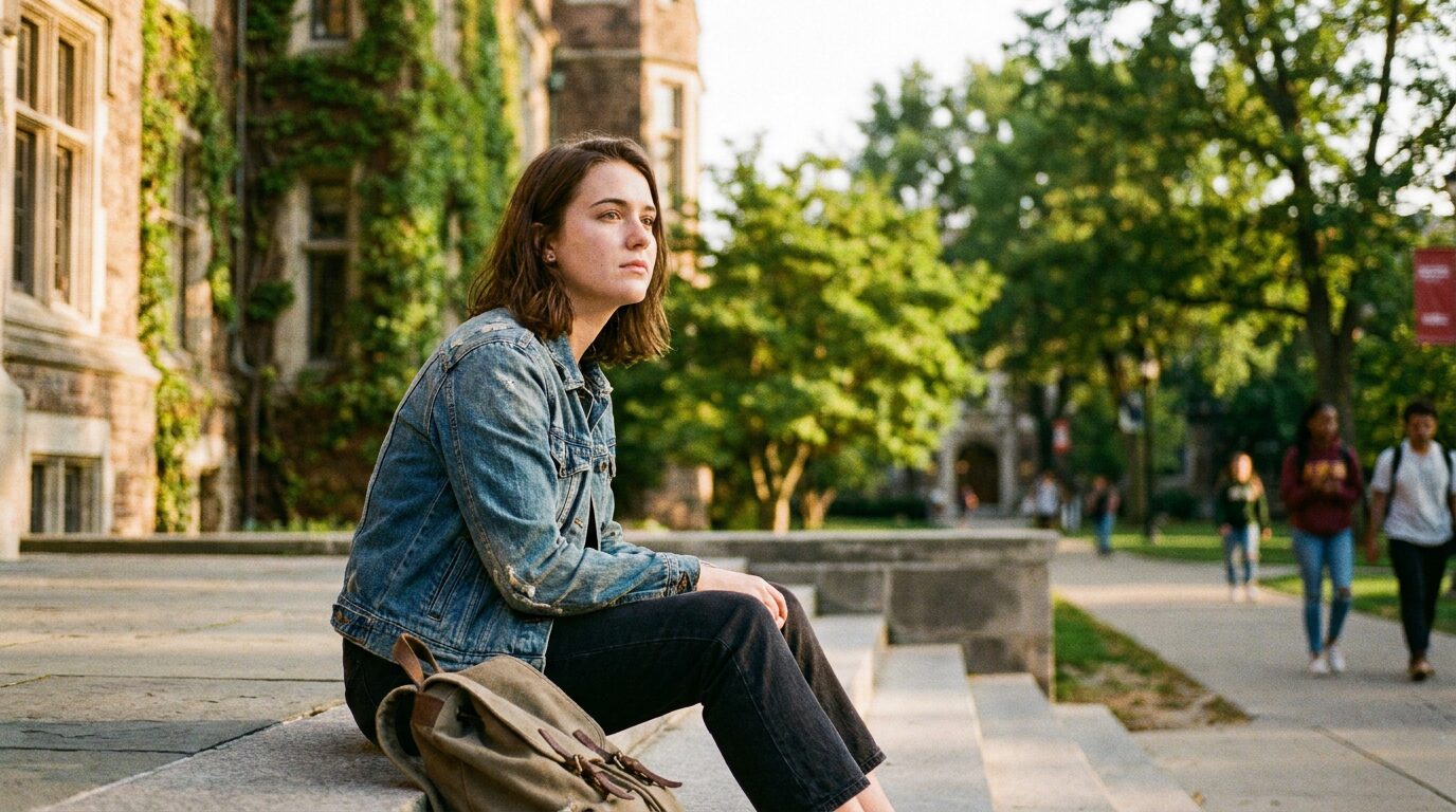 Recent graduate sitting on campus steps thinking about student loan repayment