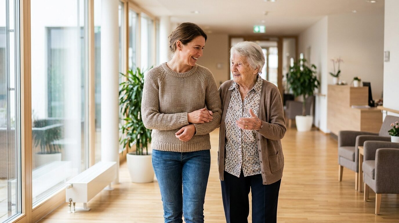 Adult daughter walking arm in arm with her elderly mother in a care residence