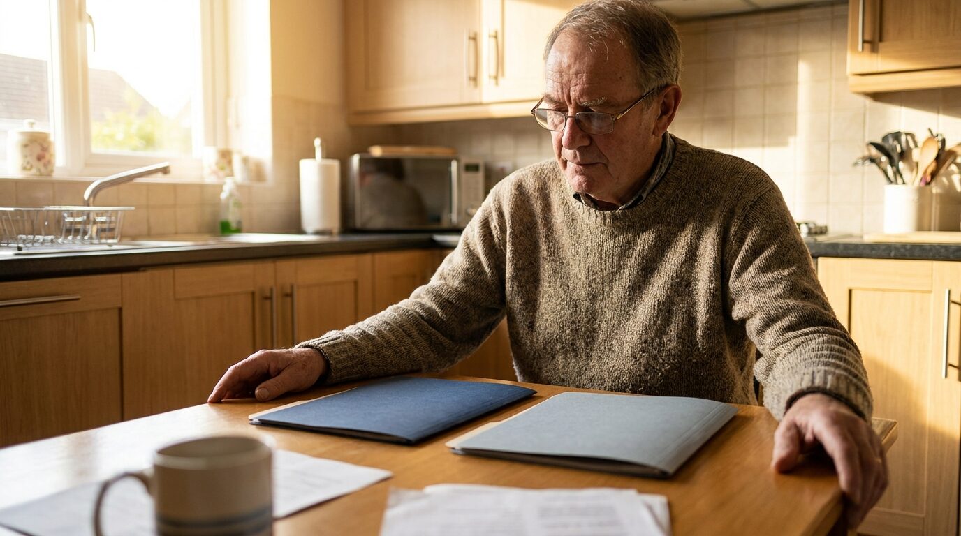 Older man at his kitchen table comparing two Medicare plan folders side by side