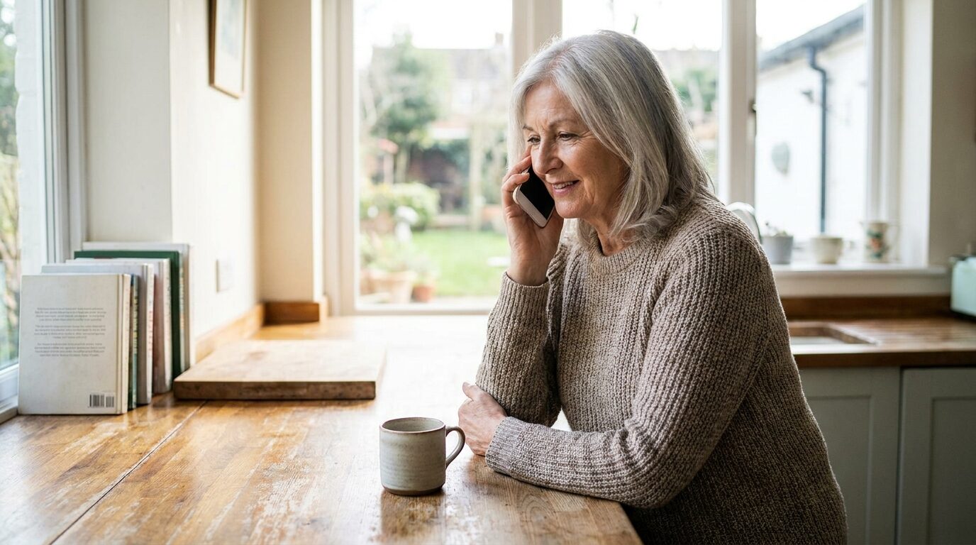 Older woman on the phone in her kitchen asking about her Medicare premium