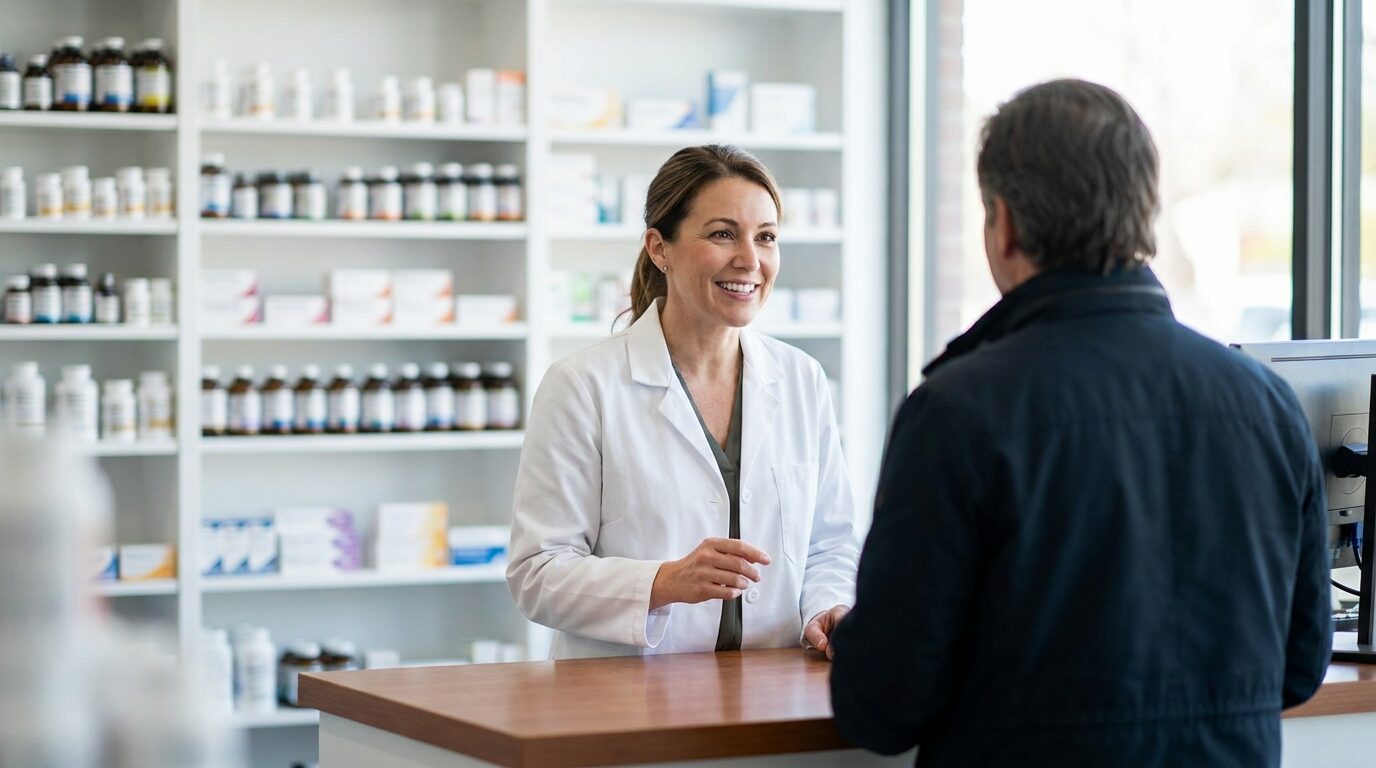 Pharmacist helping a customer at the prescription counter