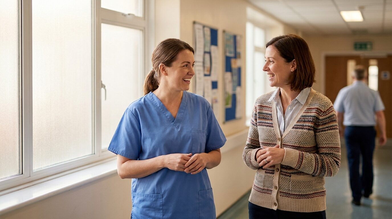 A nurse and a teacher talking in a hospital corridor, both public service workers