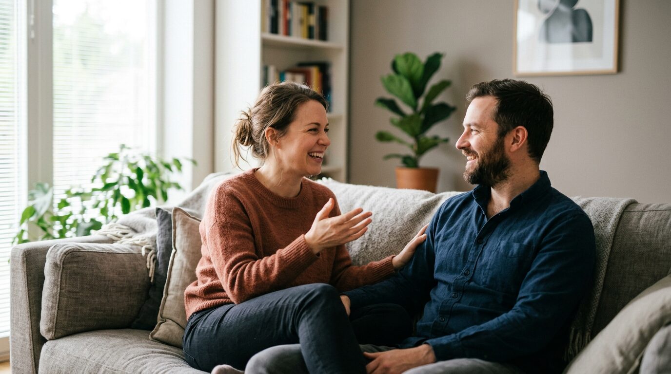 Couple discussing their retirement account options together at home