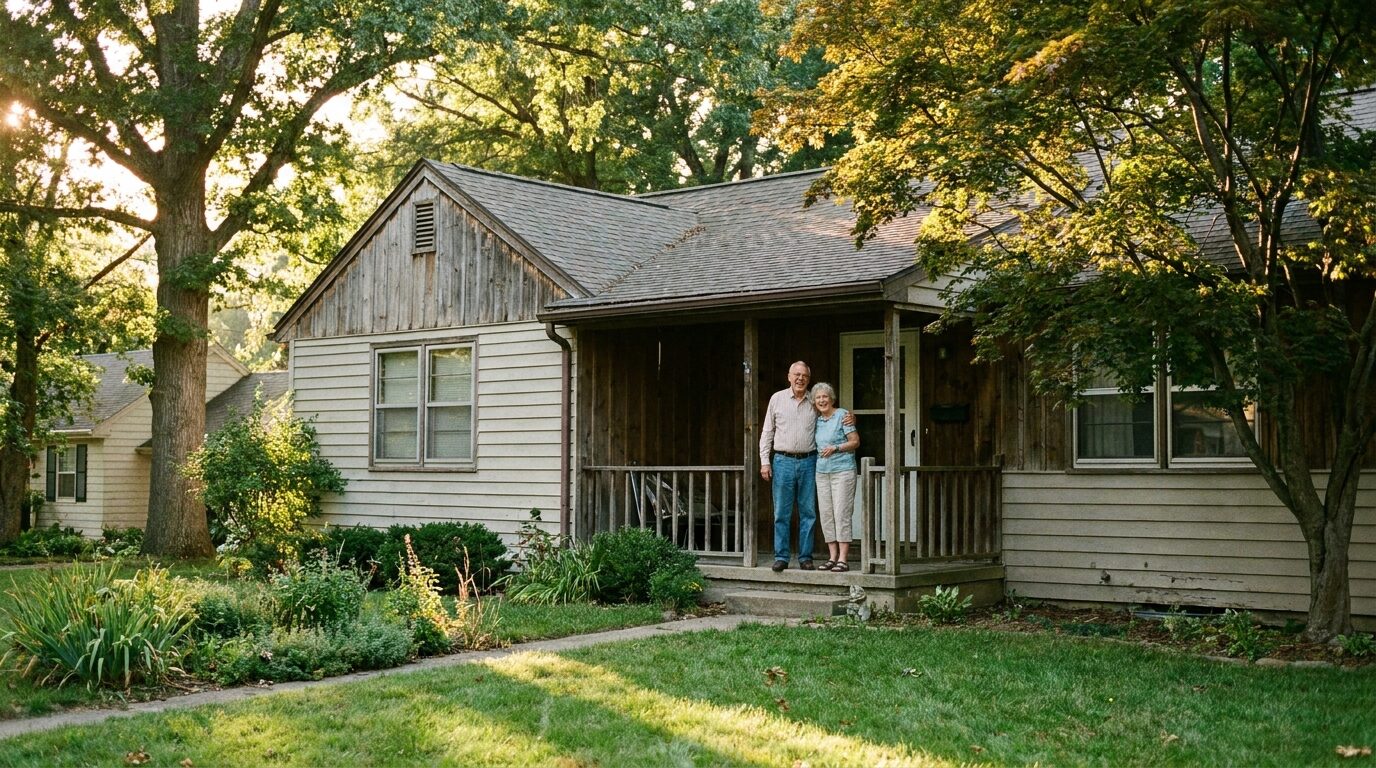 Older couple standing on the porch of the home they own