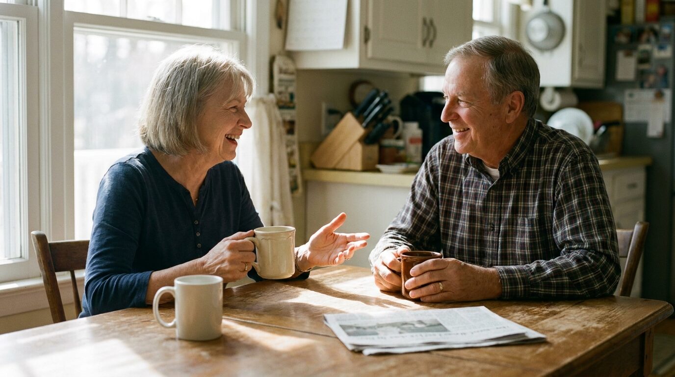 Retired couple talking over morning coffee about their Social Security benefits