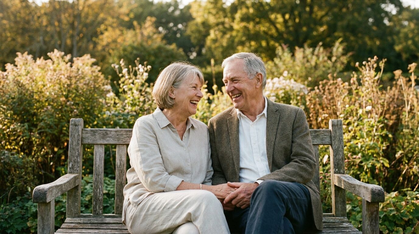 Married couple in their late sixties talking together on a garden bench