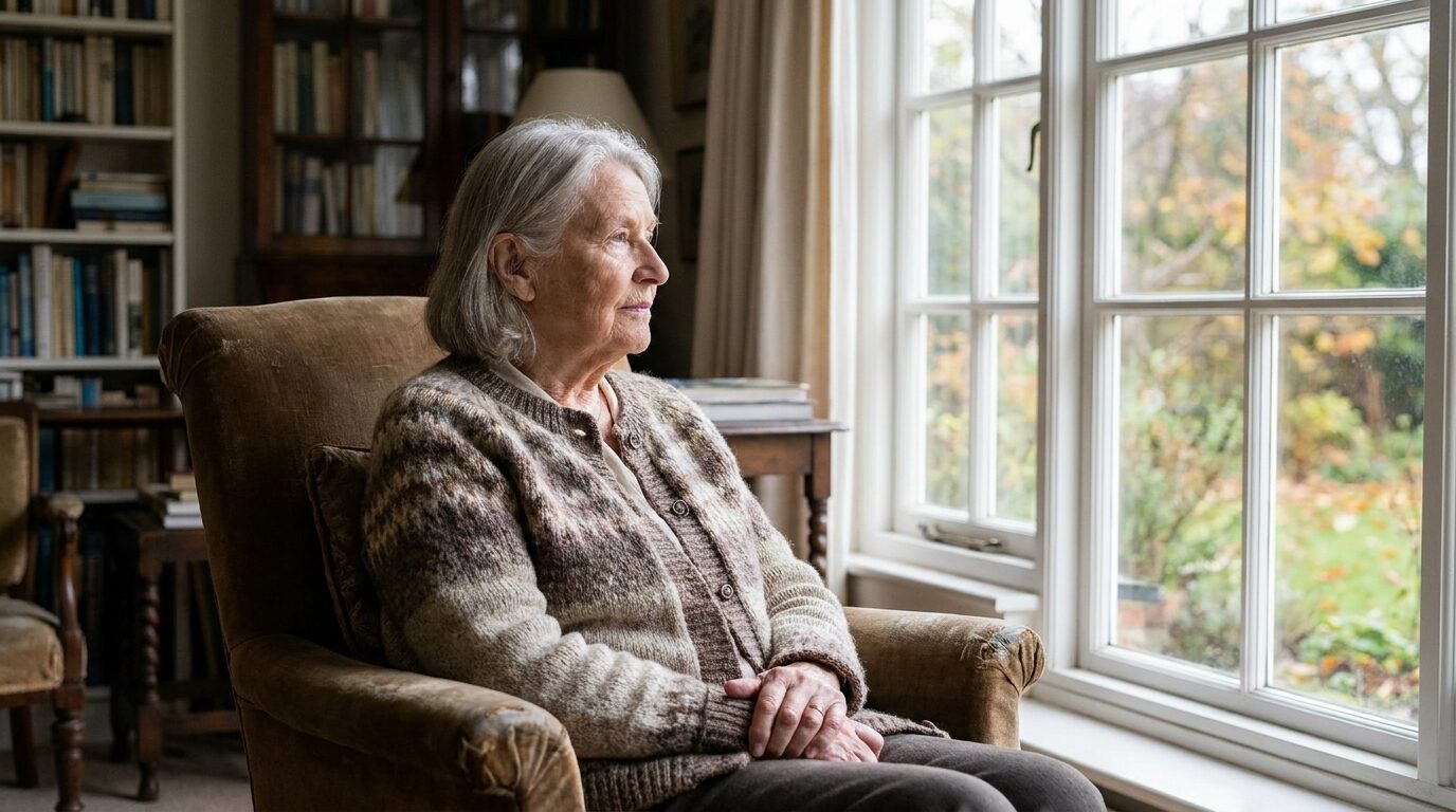 Older woman sitting quietly by a window in her living room