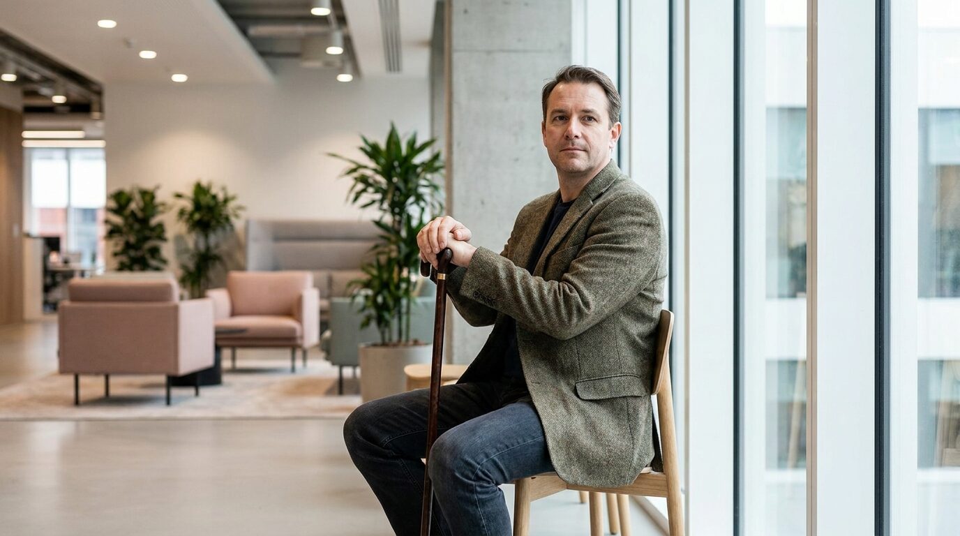 Man with a walking cane waiting in a bright office reception area