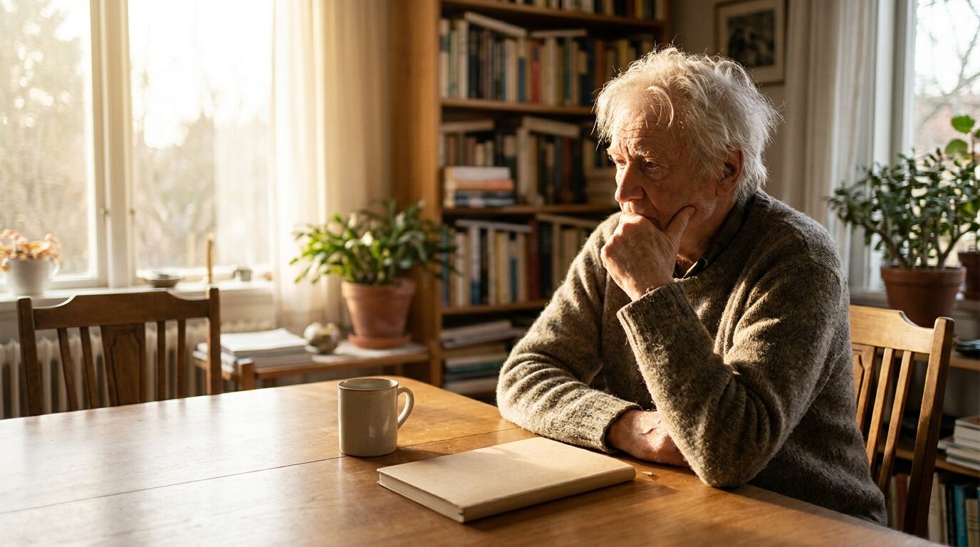 Older man sitting at his dining table thinking about his tax situation