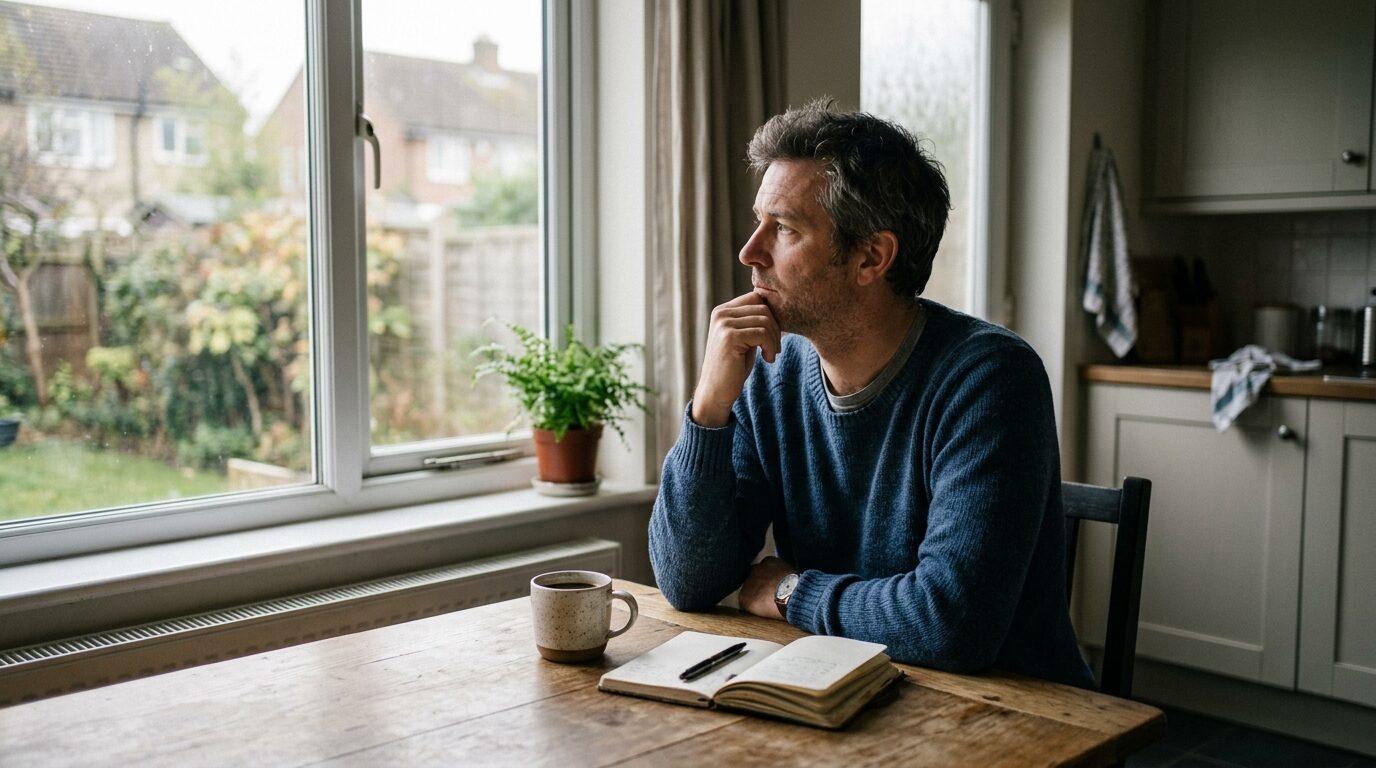 Man at his kitchen table considering health coverage options after a job loss