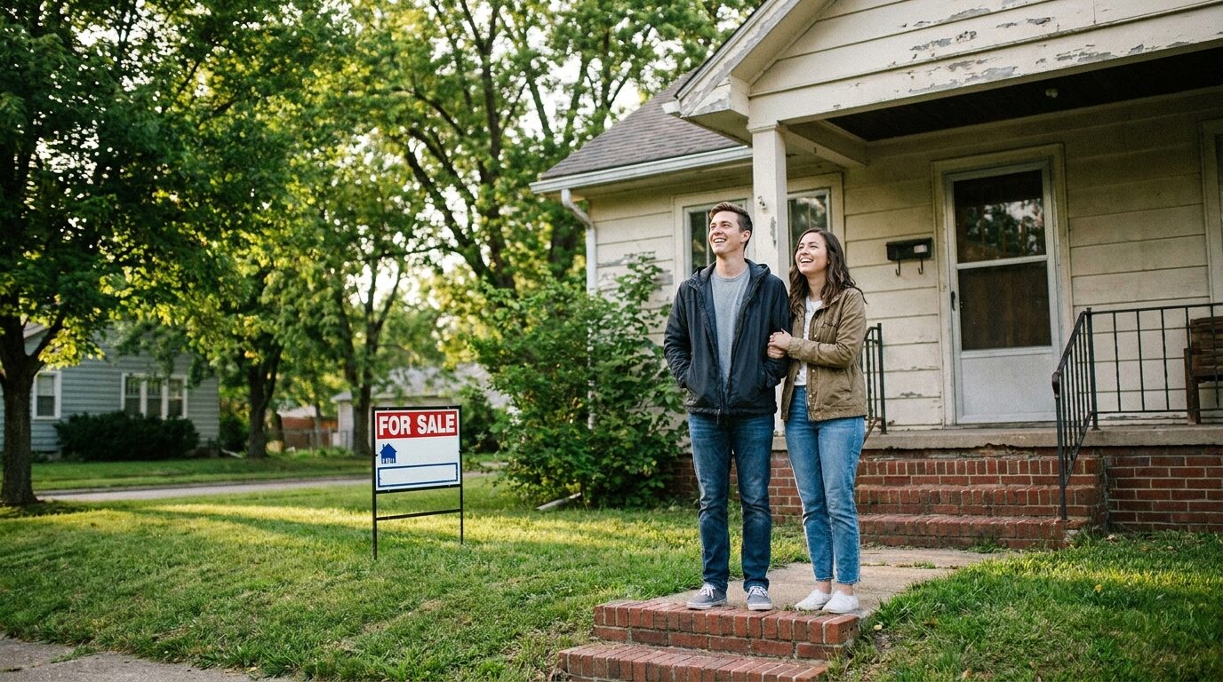 Young couple standing outside a home they are considering buying
