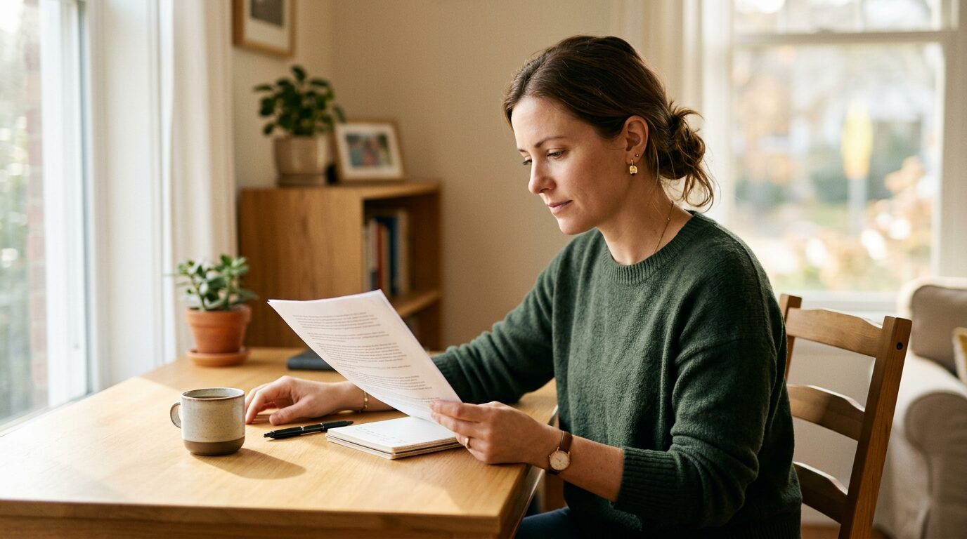 Woman at her kitchen table reviewing a printed credit report