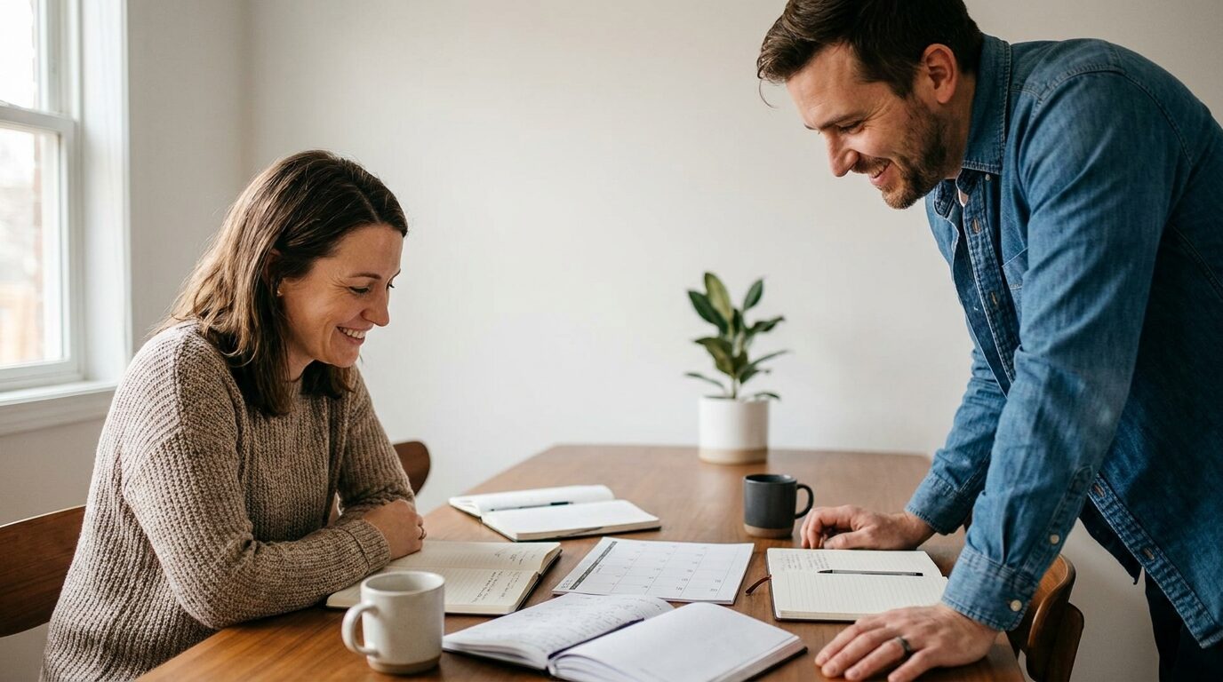Couple reviewing household benefit choices together at their dining table