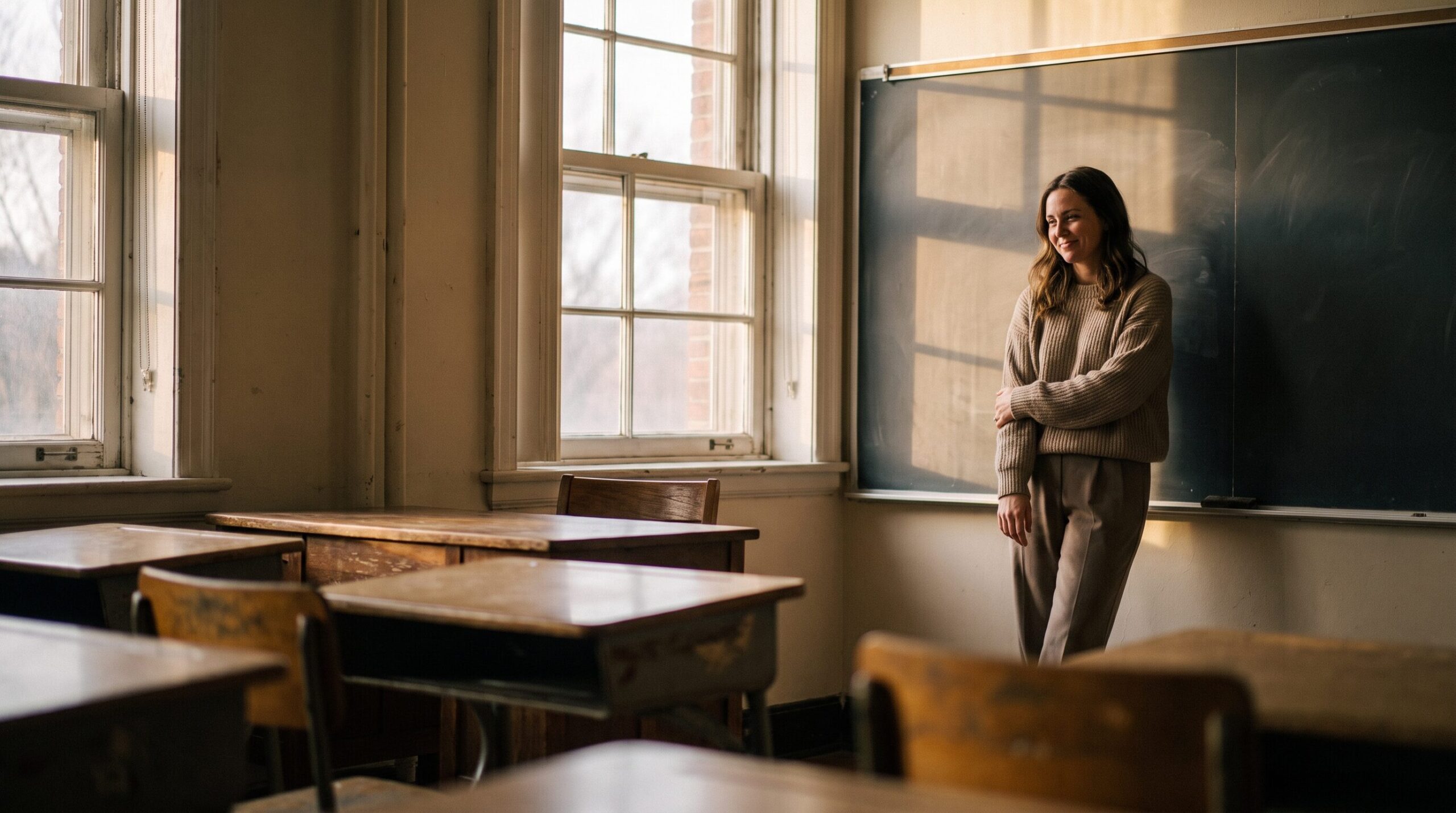 Teacher standing in her classroom after the school day