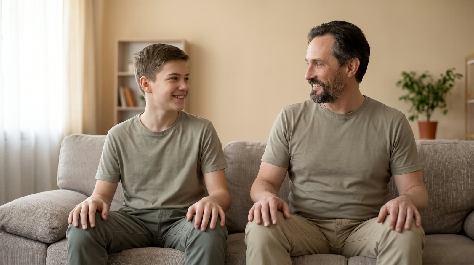 Father and teenage son talking together on the living room couch