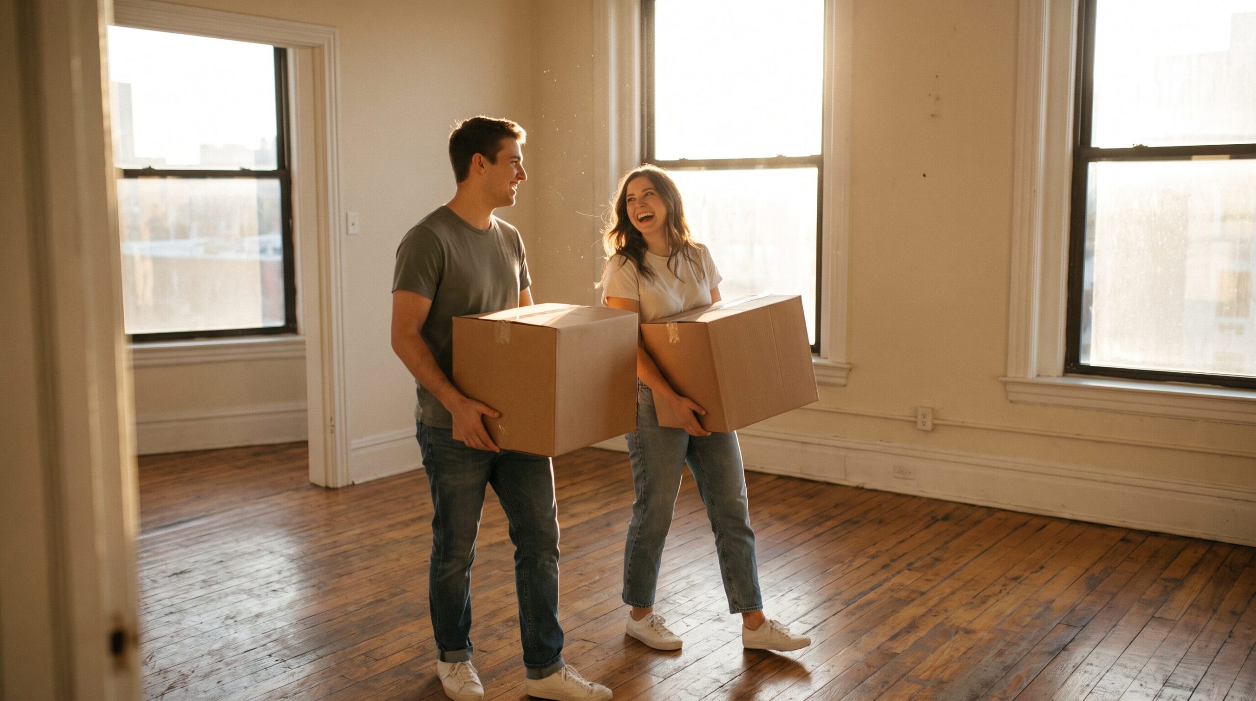 Young couple carrying moving boxes into a new apartment