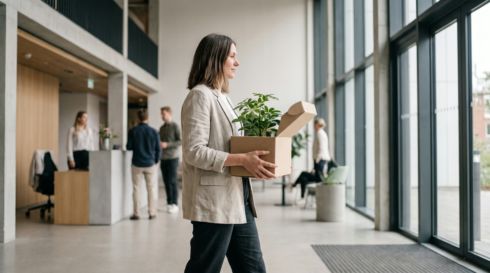 Woman carrying a box of belongings out of an office lobby