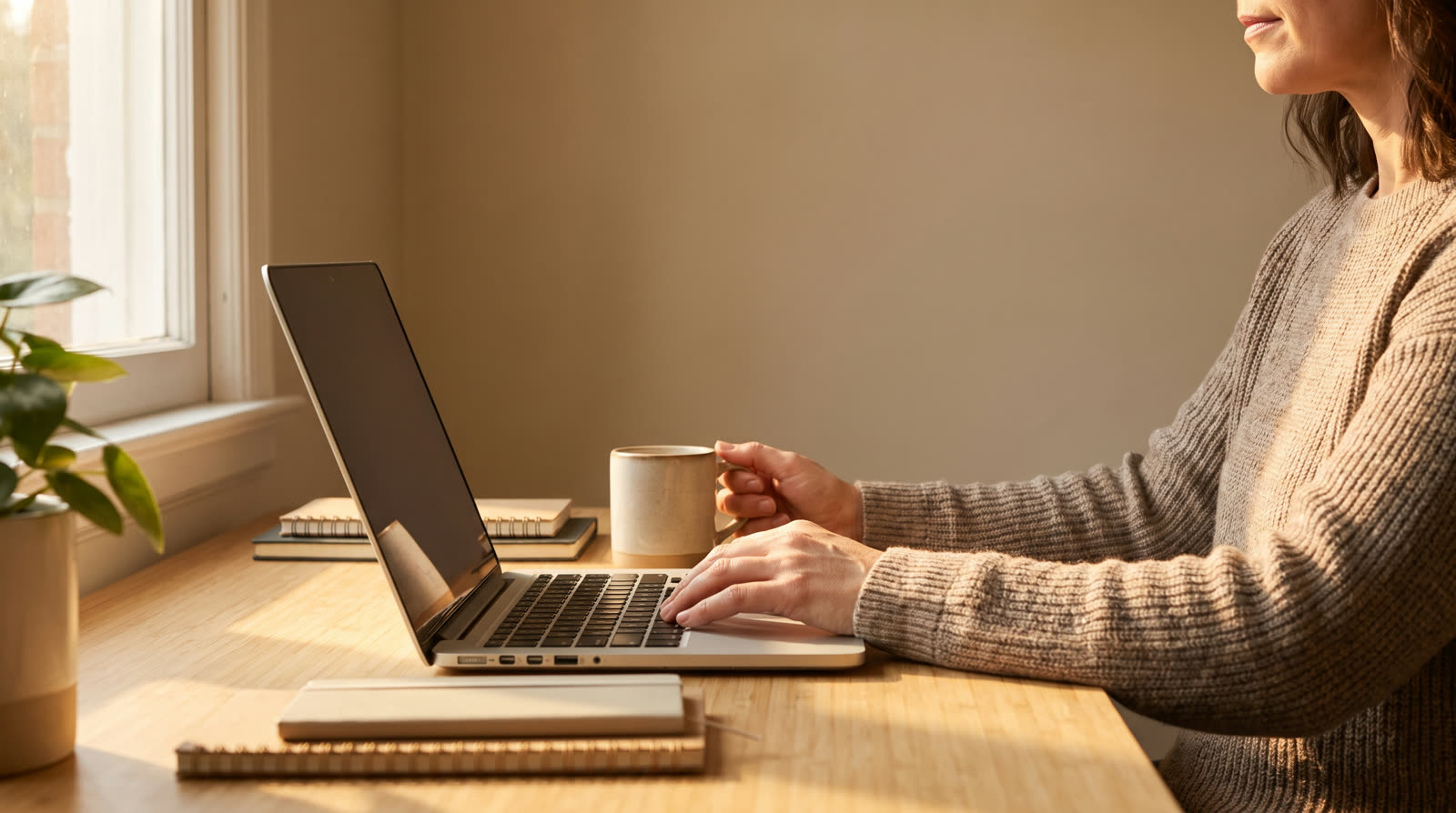 Woman working at a sunlit home office desk with a laptop