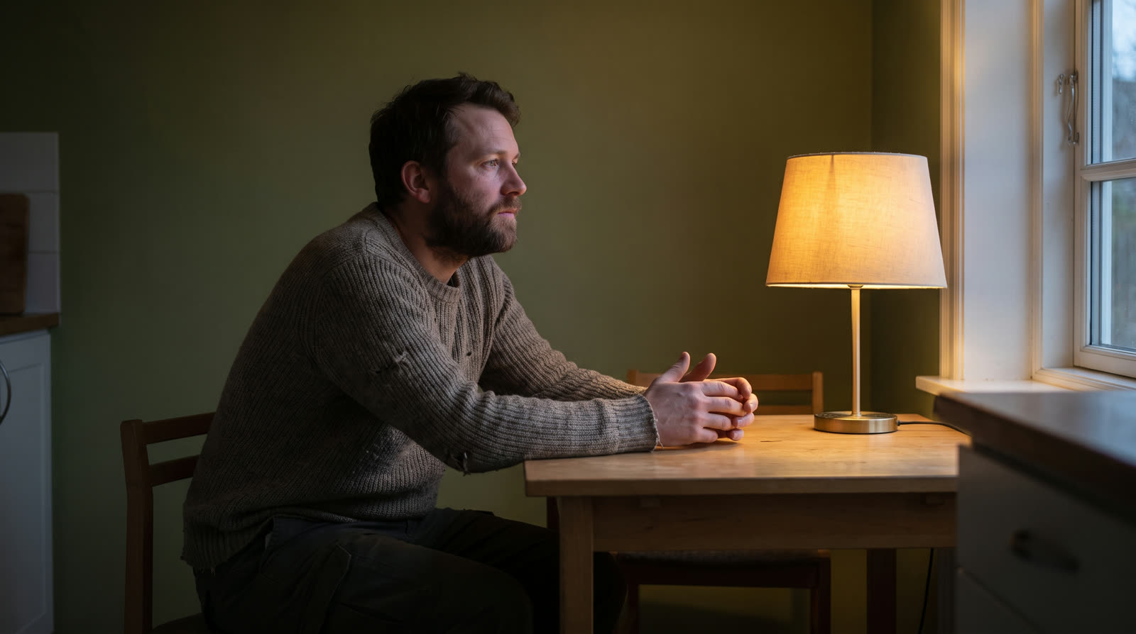 Man sitting alone at his kitchen table at dusk