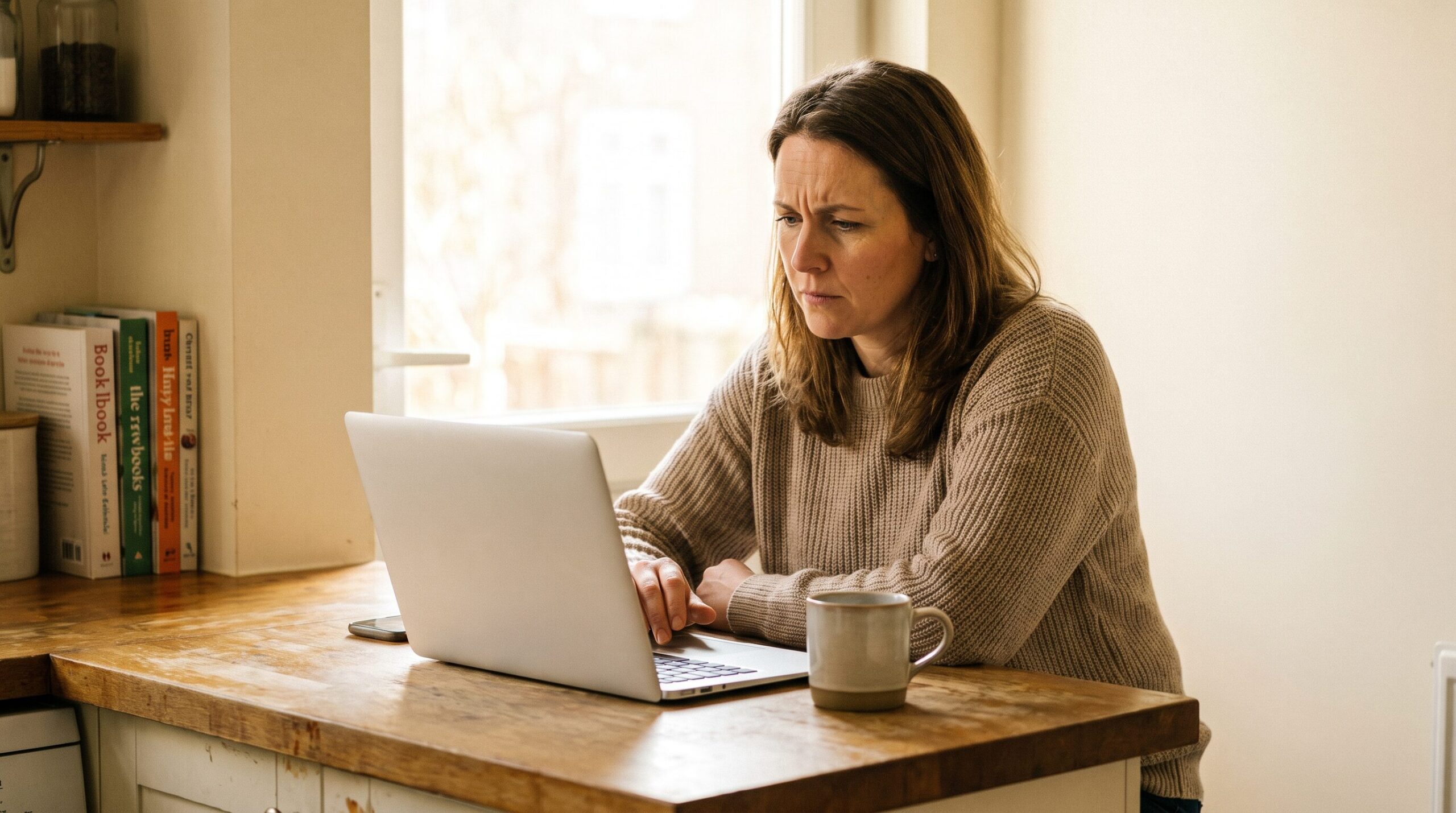 Woman comparing health plan options on a laptop at her kitchen counter