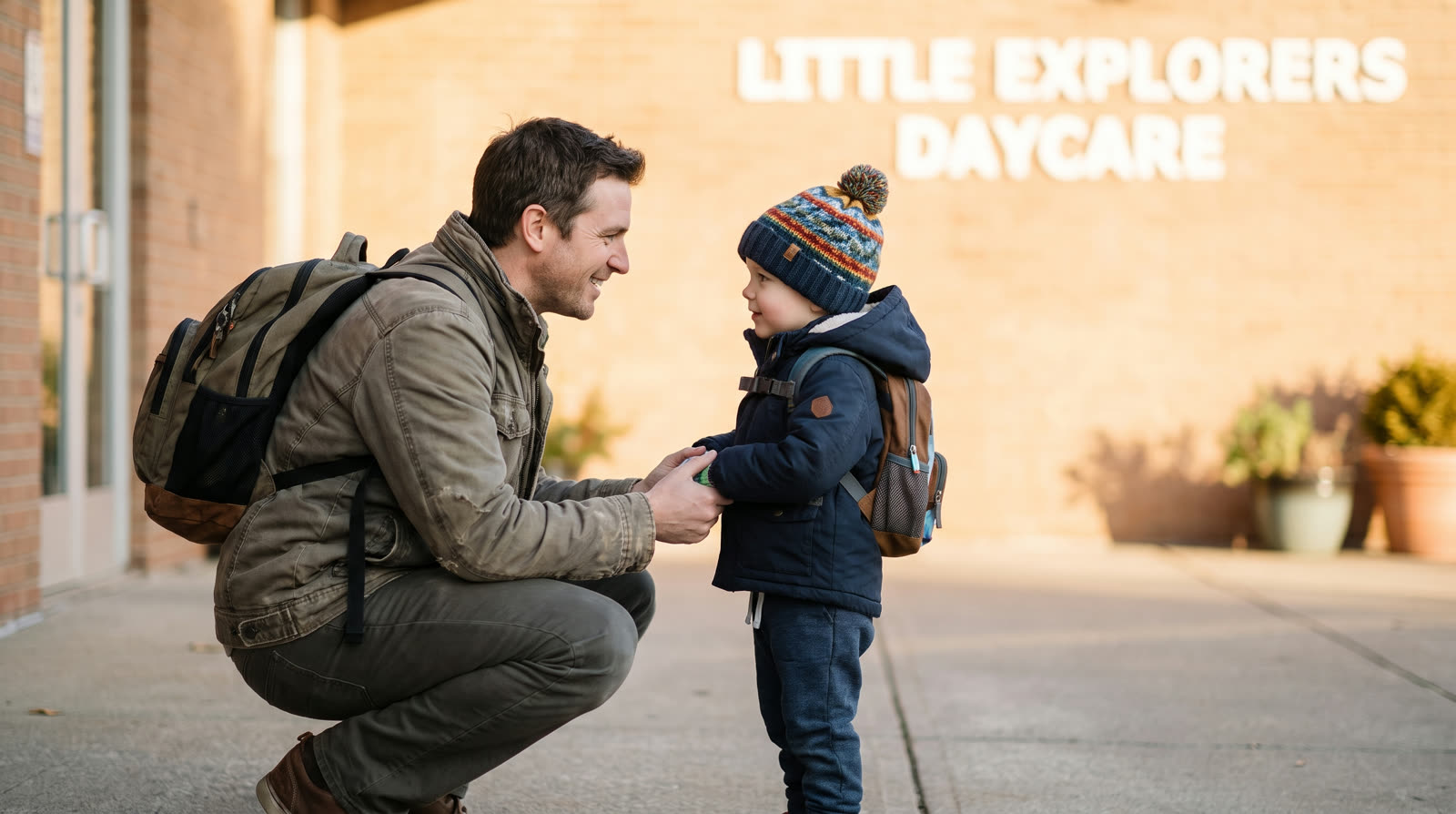 Father saying goodbye to his young son at daycare
