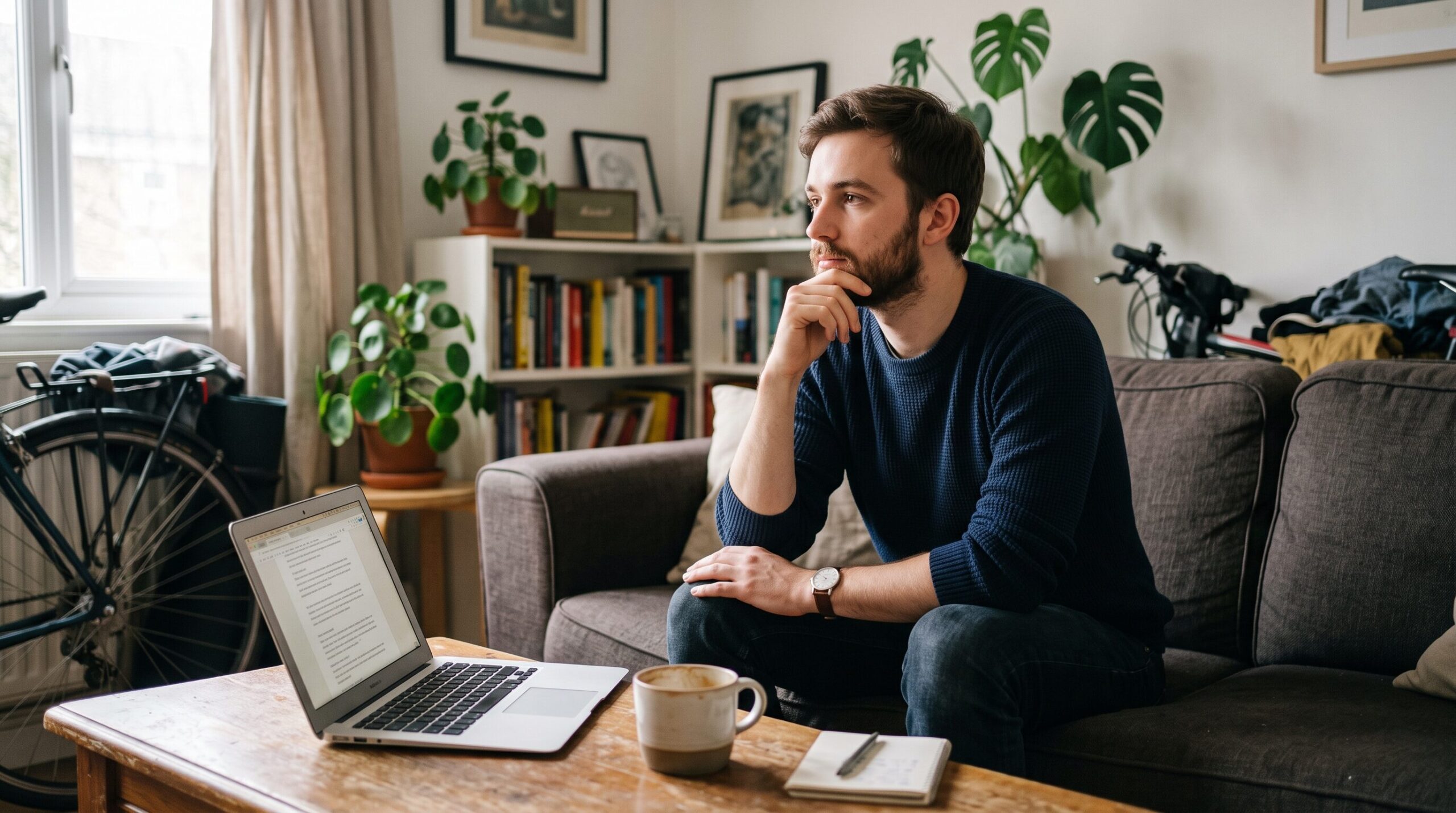 Young man considering his student loan options at home