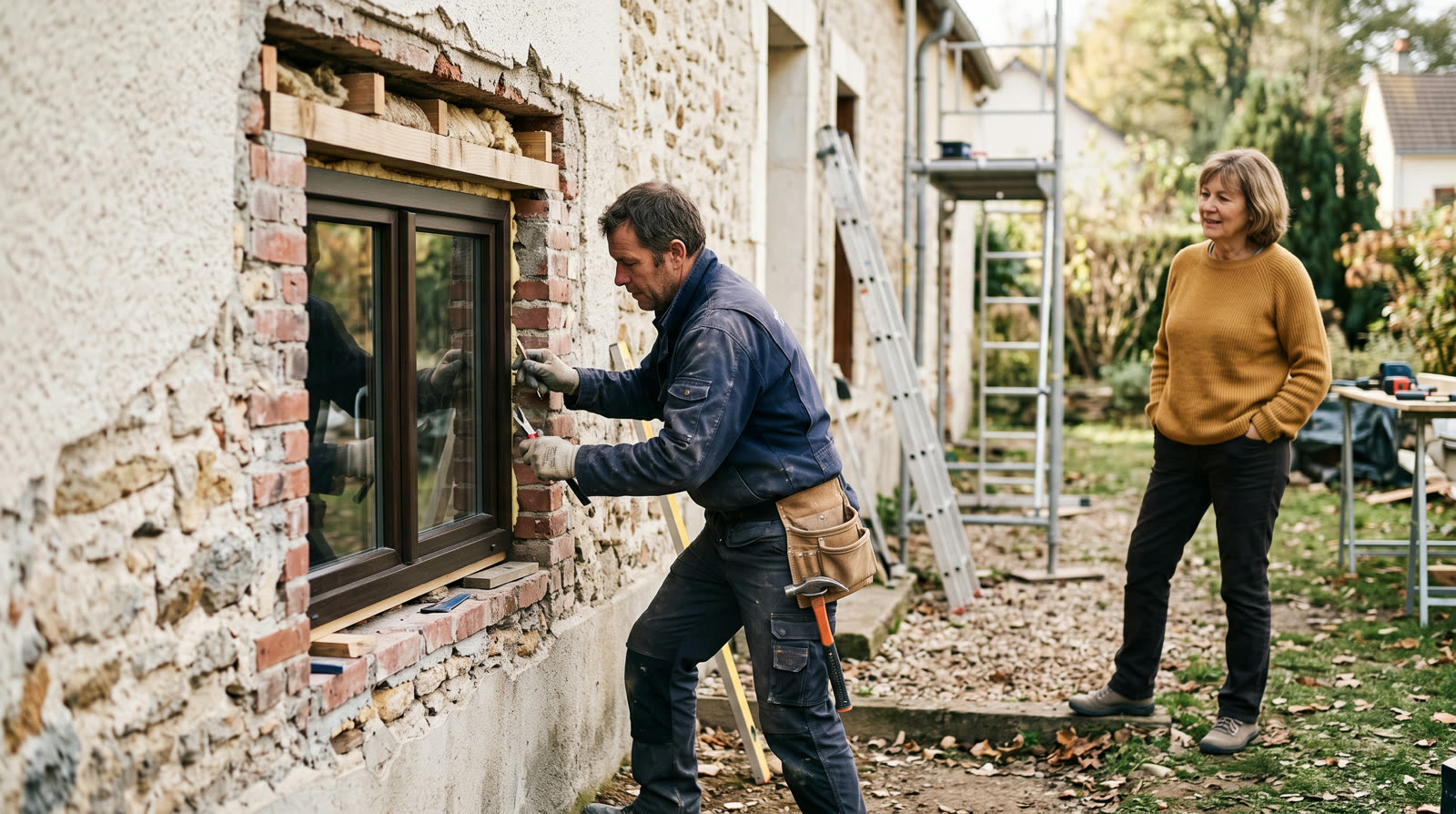 Contractor fitting a new window while the homeowner watches
