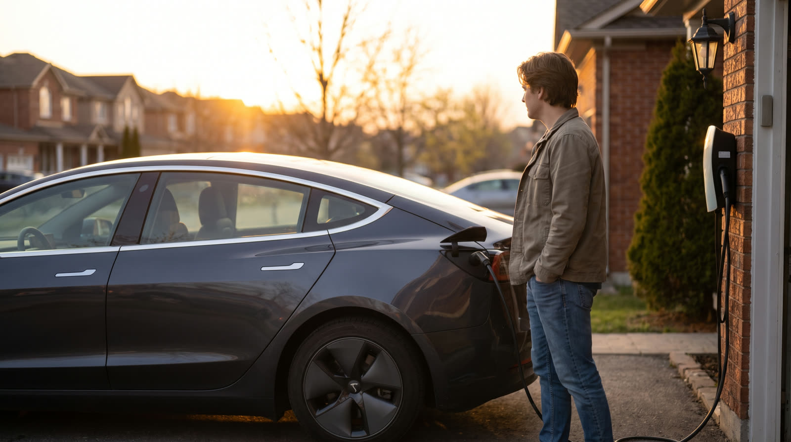Electric car plugged into a home charger in a suburban driveway