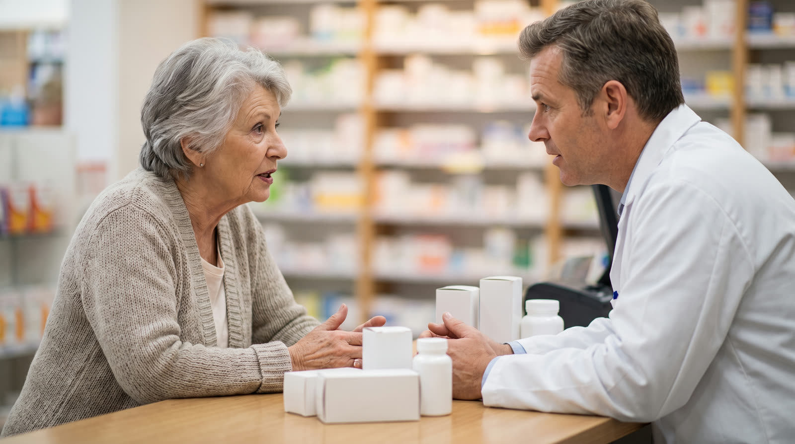 Older woman talking with a pharmacist at the pharmacy counter