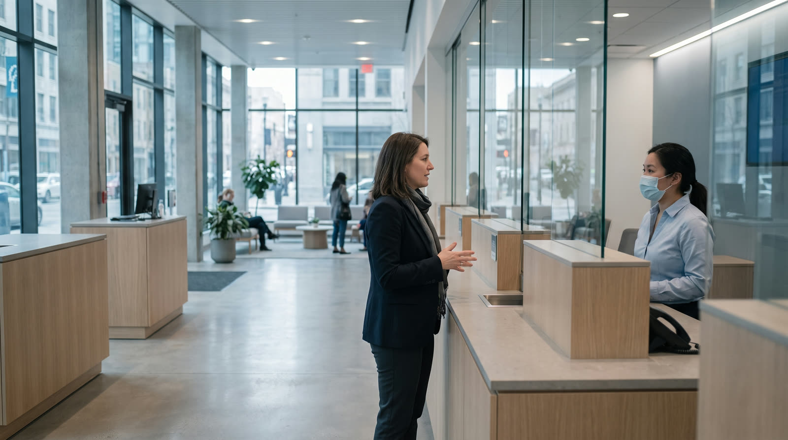 Woman speaking with a teller at a bank branch