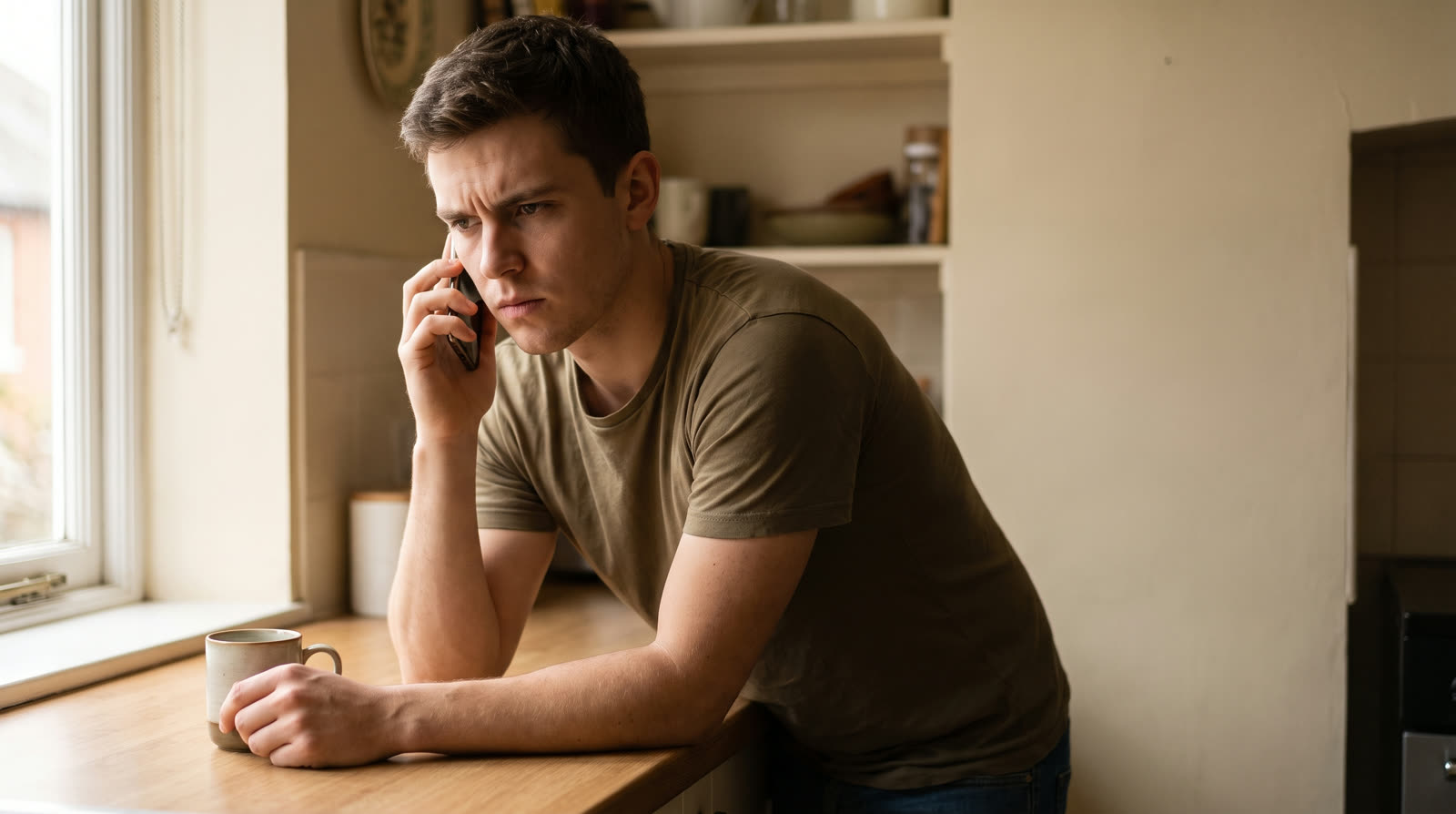 Young man on a phone call at his kitchen counter