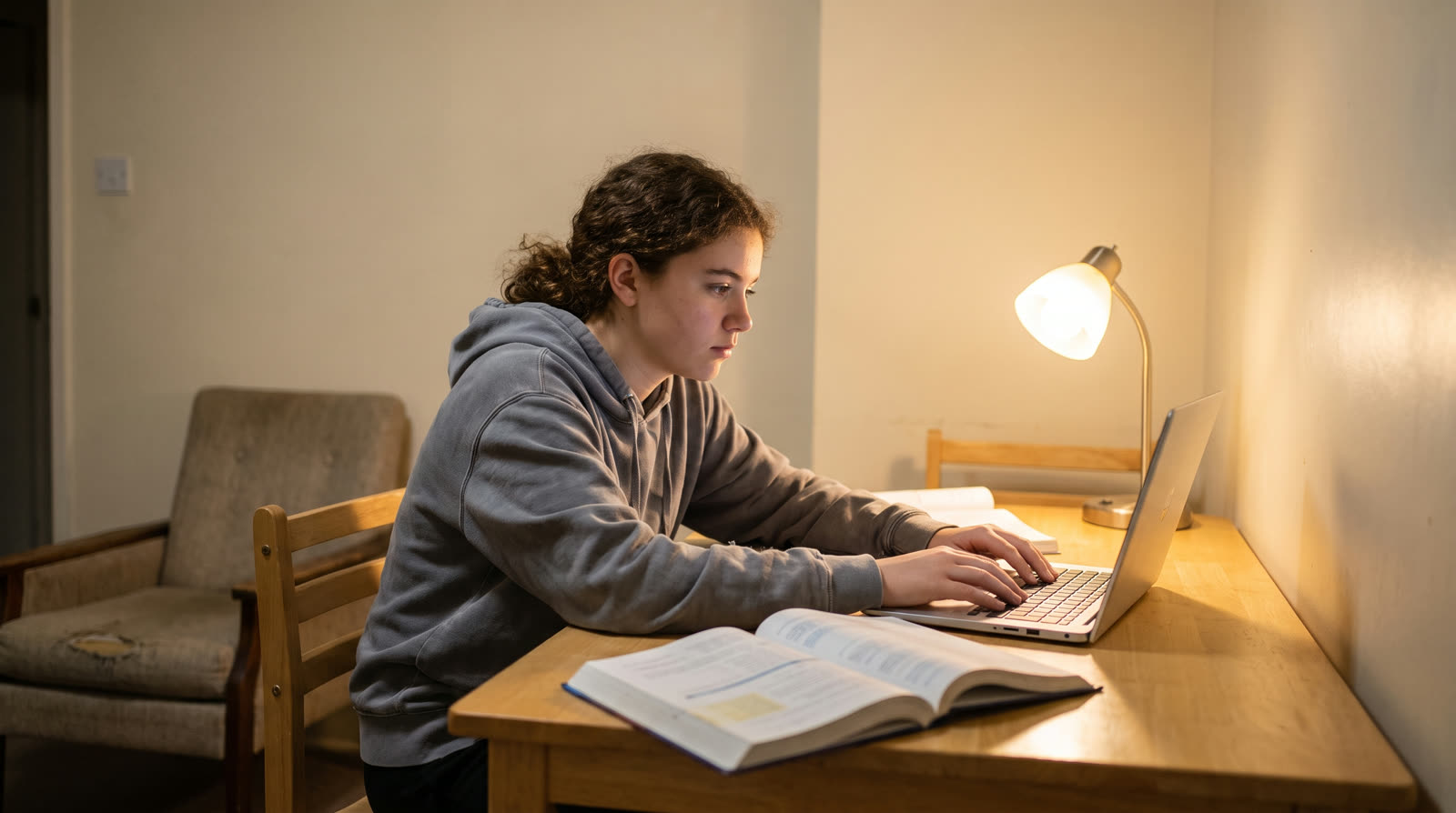 Teenage girl doing homework on a laptop at the dining table
