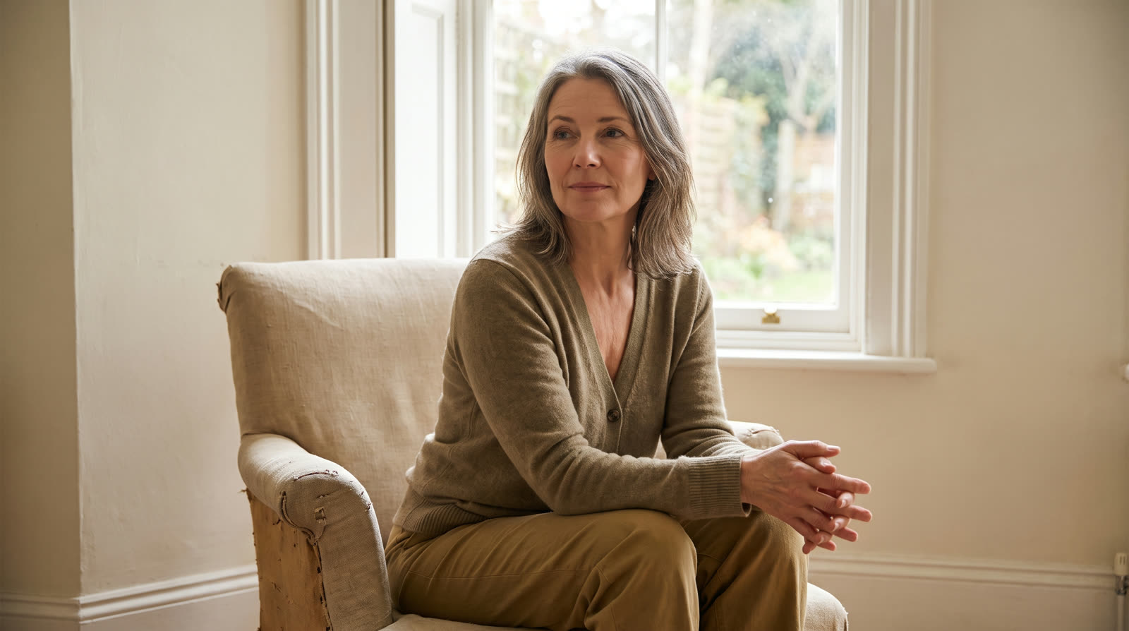 Woman sitting in an armchair beside a bright window