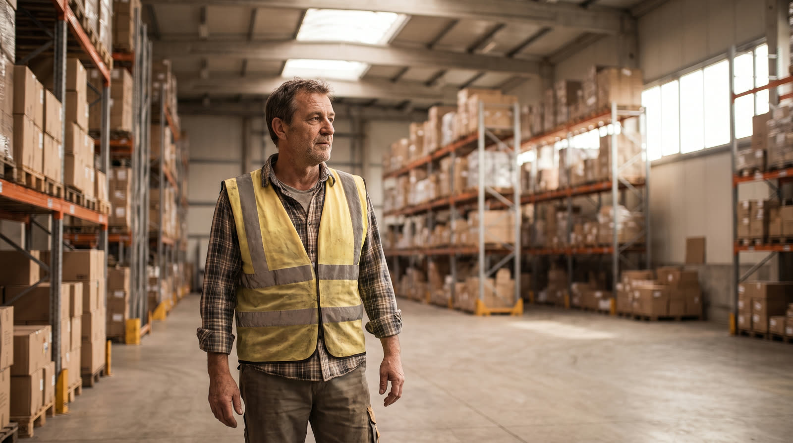 Warehouse worker in a safety vest standing among storage shelving