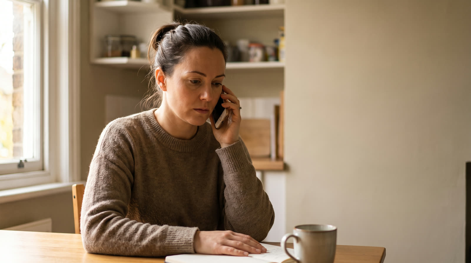 Woman making a phone call from her kitchen table