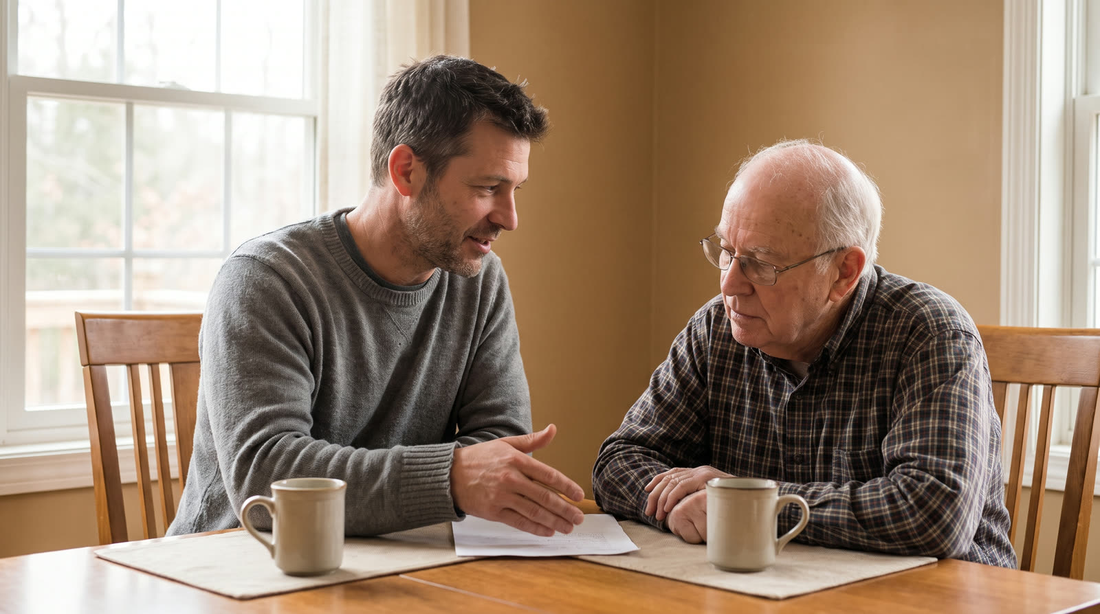 Man helping his elderly father at the dining table