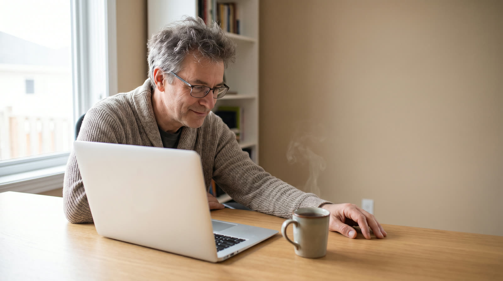 Man in his sixties working at a laptop in his home office