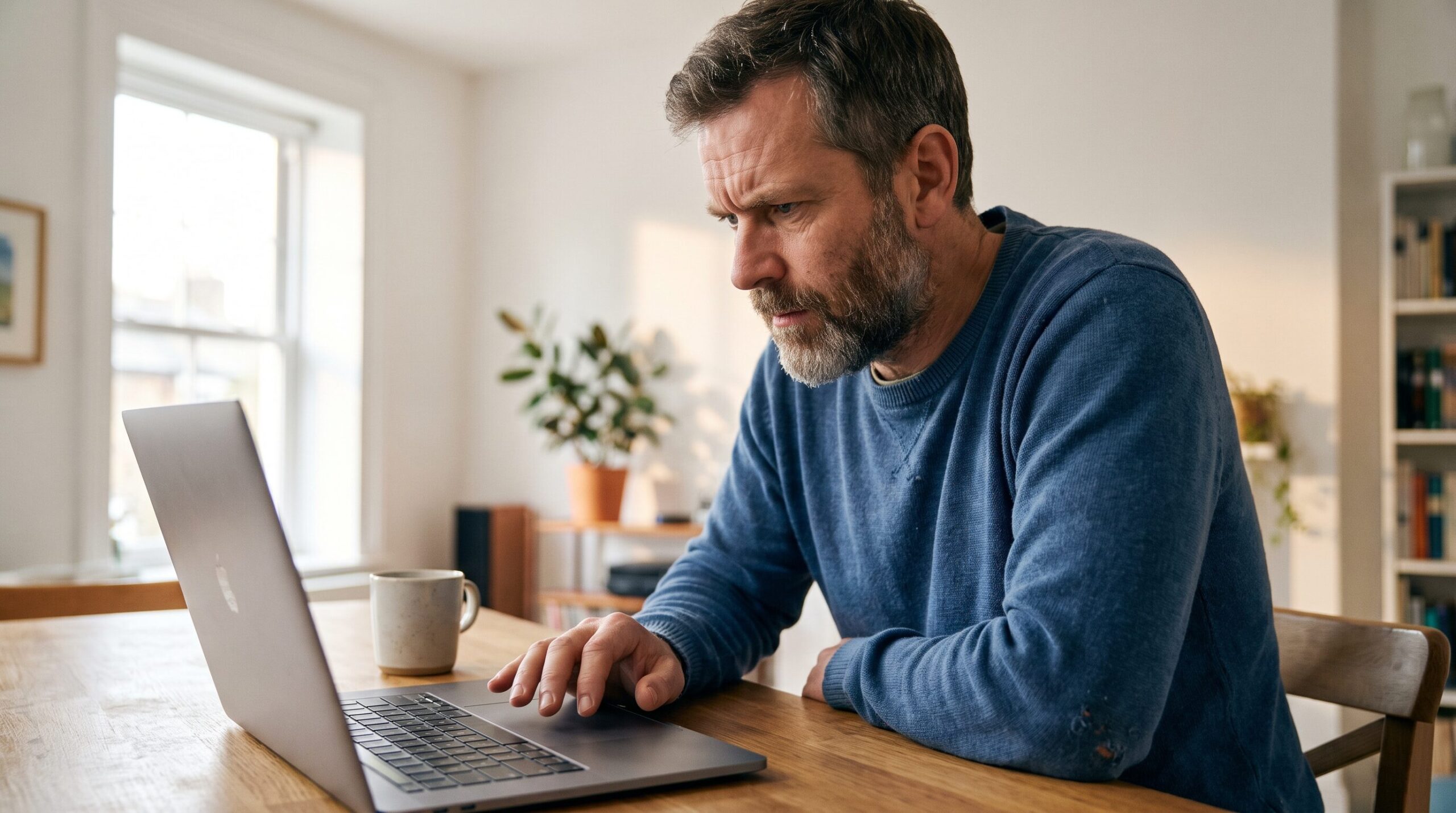 Man filing an unemployment claim on his laptop at the kitchen table