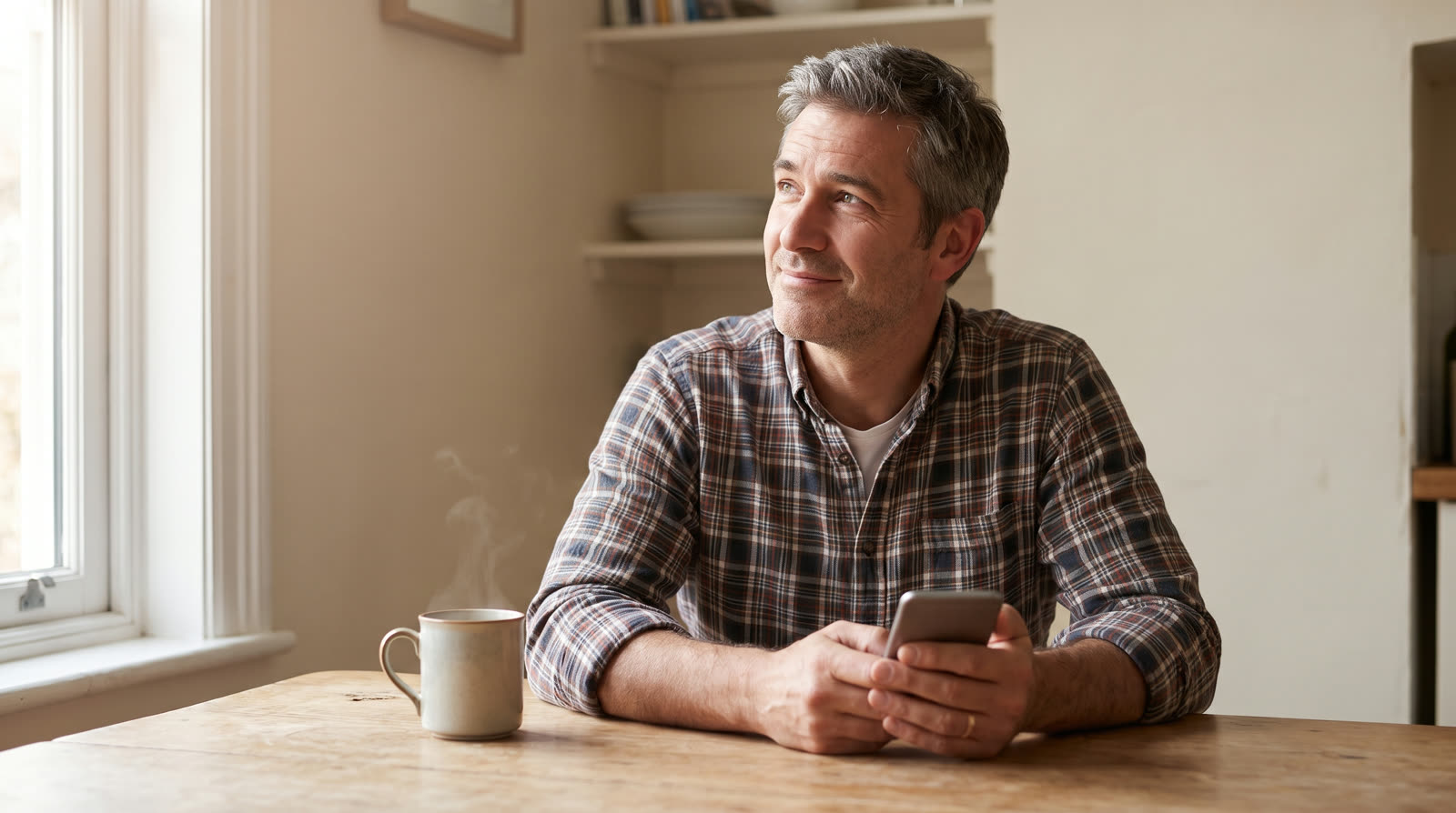 Man checking his phone at the kitchen table with a hopeful expression
