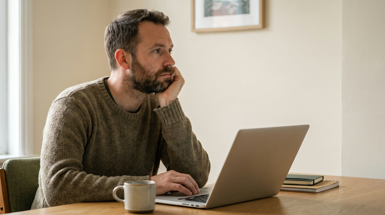 Man thinking at his home desk with a laptop open