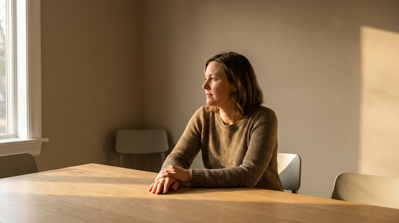 Woman sitting in quiet thought at her dining table