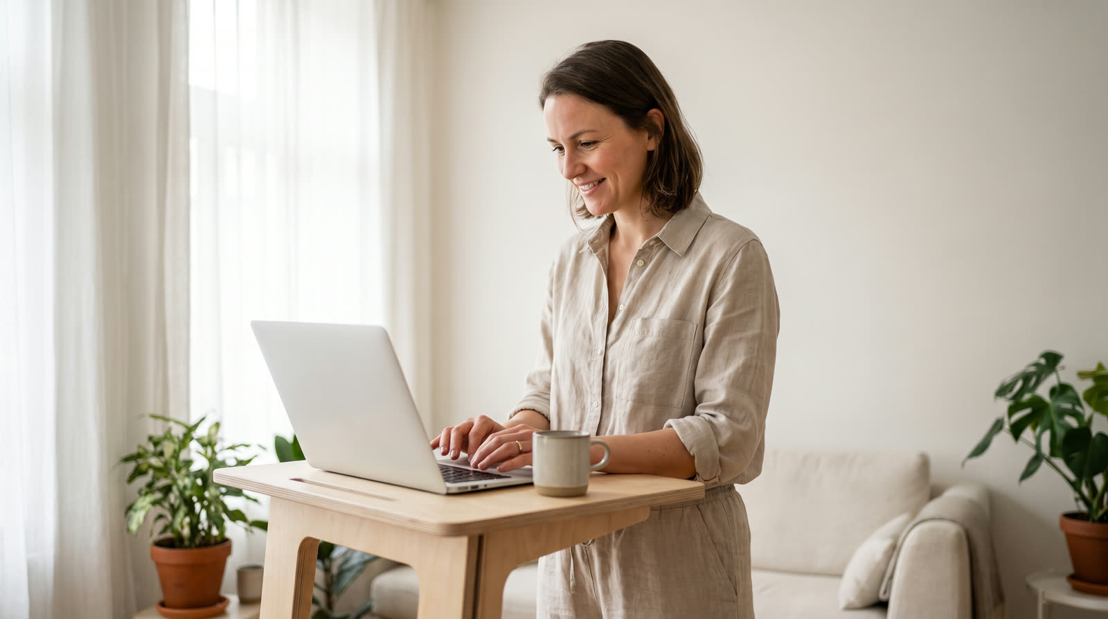 Woman working at a standing desk in a bright apartment