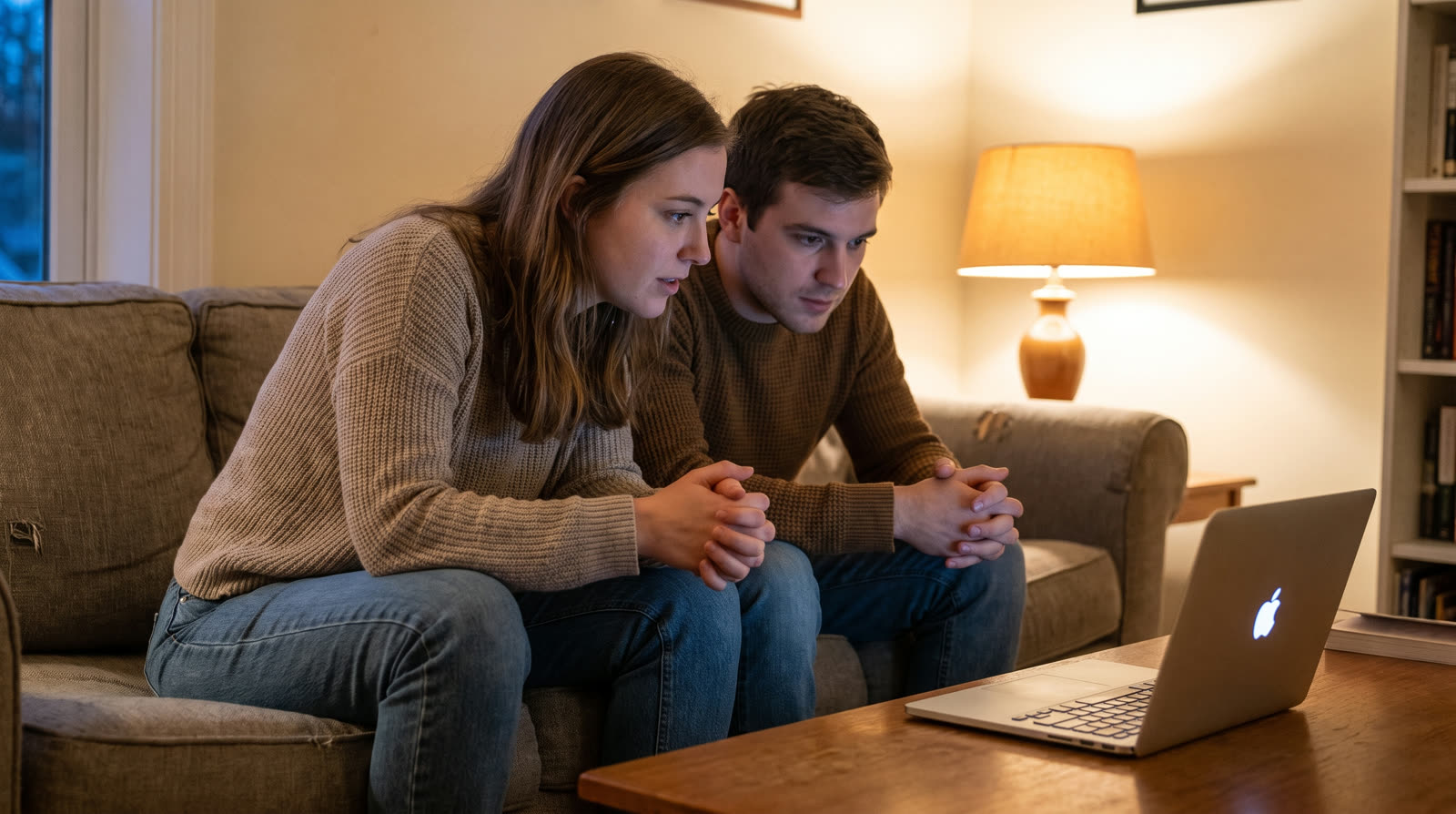 Young couple reviewing something together on a laptop at home