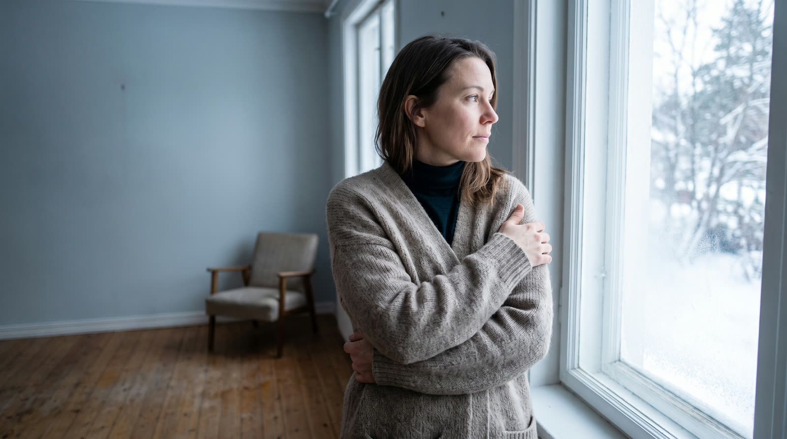 Woman in a cardigan keeping warm by a window on a winter morning