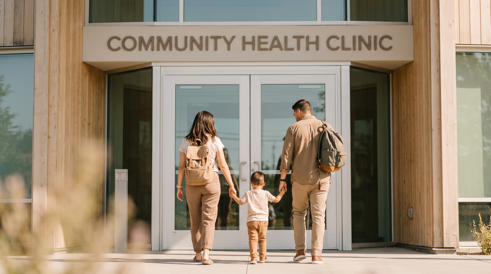 Family walking into a community health clinic