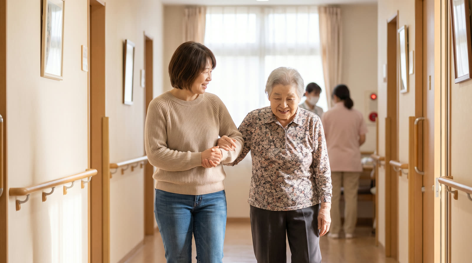 Adult daughter walking with her elderly mother down a care facility hallway