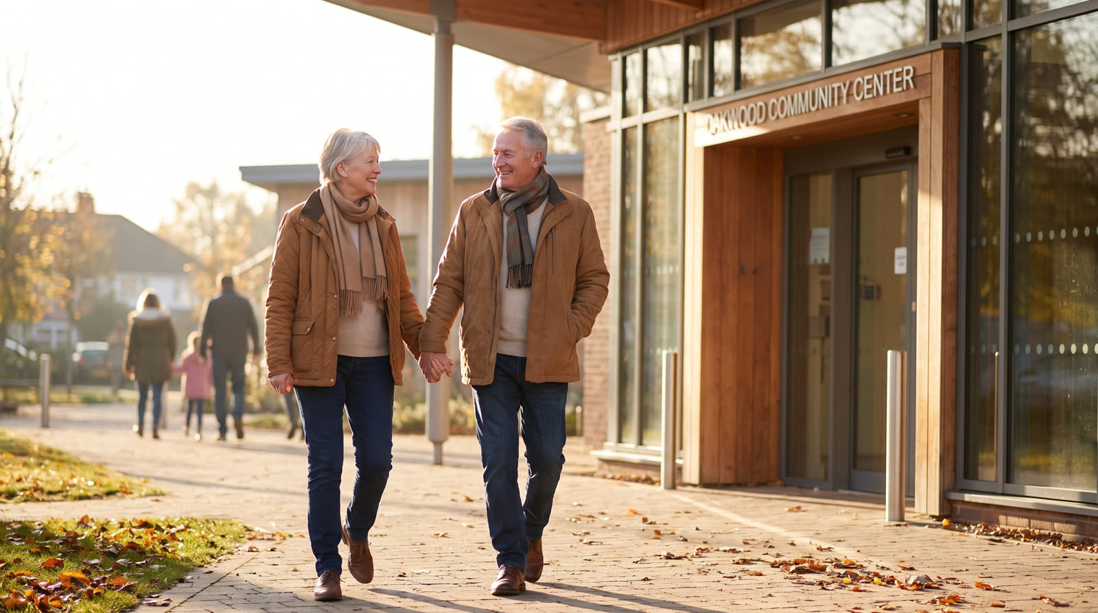 Couple in their sixties walking into a community center